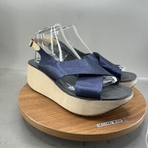Mila Paoli Platform Sandals Womens Size 41 Blue Metallic Leather Wood Wedge Boho